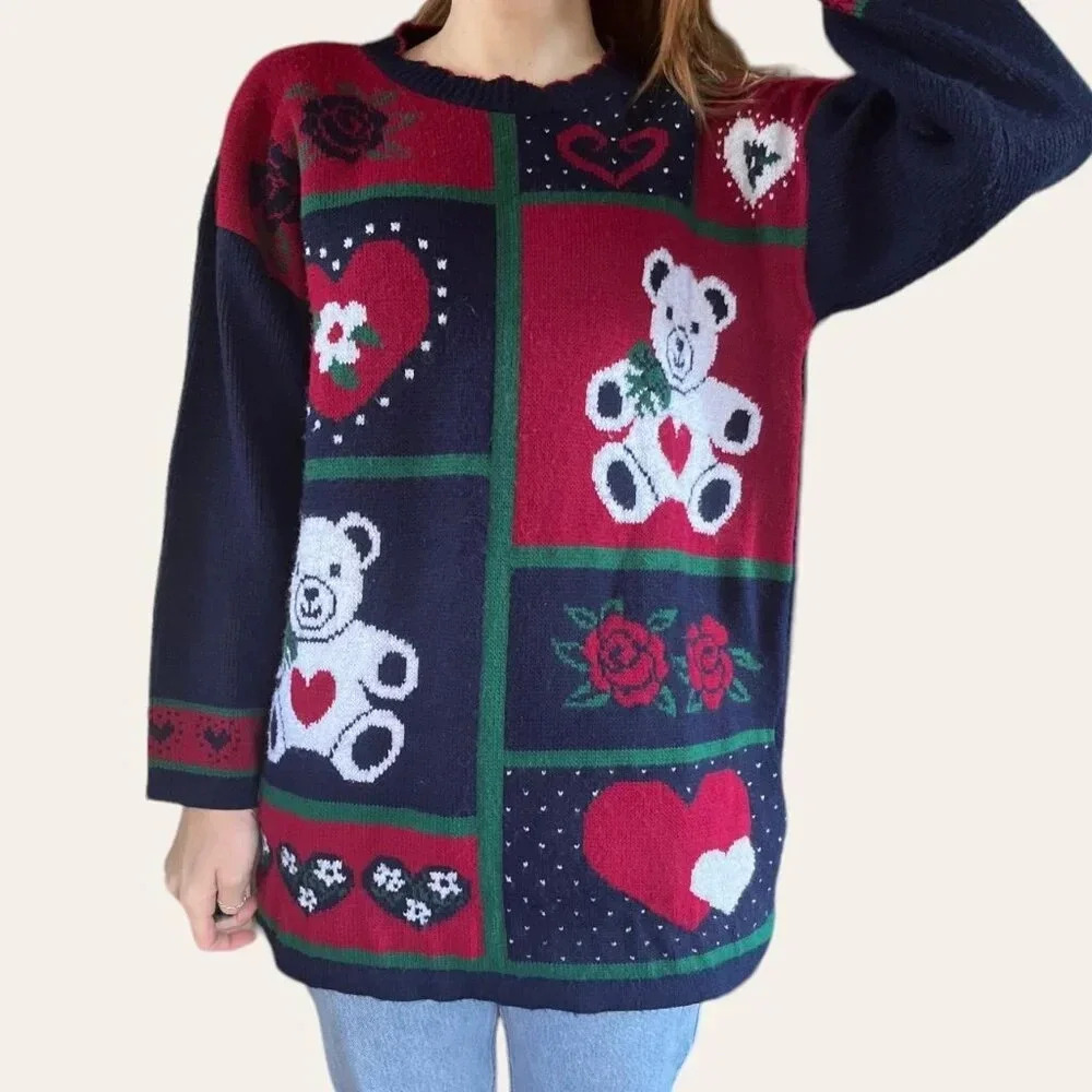 80s/90s vintage knit teddy bear sweater